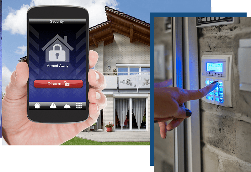 holding a phone showing an armed home security system and a hand pressing a security keypad