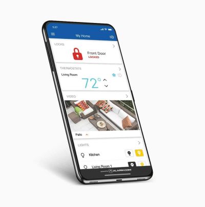 phone displaying alarm.com app in use