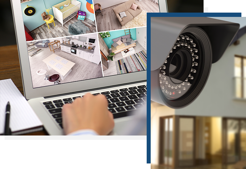 video surveillance camera and footage on laptop